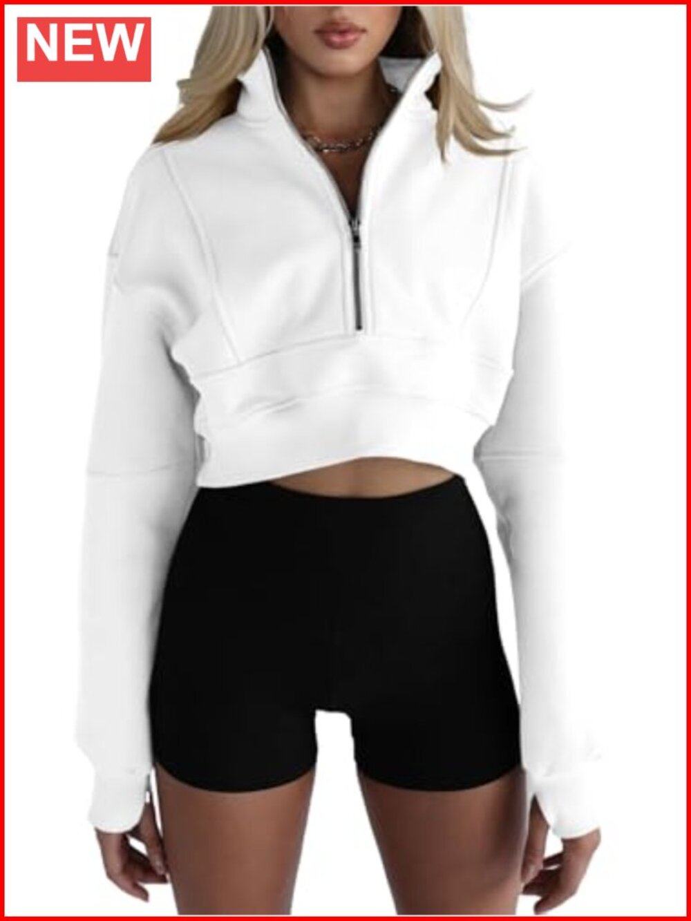 Half Zip Cropped Sweatshirt Fleece Lined Thumb Hole Long Sleeve Pullover